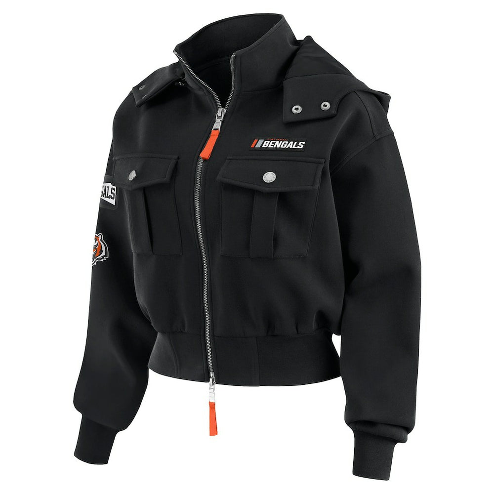 WEAR by Erin Andrews Women's Tri-Blend Patch Pocket Cropped Full-Zip Bomber Hoodie Jacket - Cincinnati Bengals