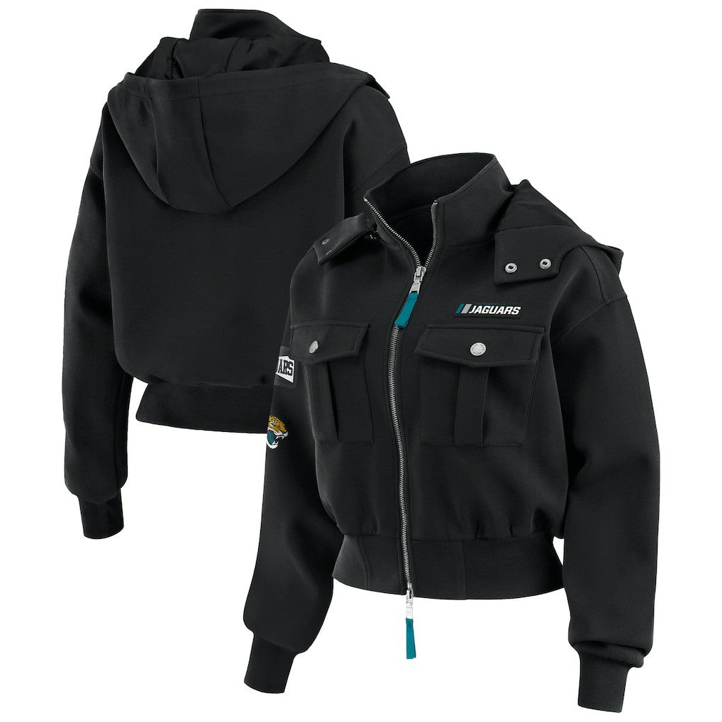 WEAR by Erin Andrews Women's Tri-Blend Patch Pocket Cropped Full-Zip Bomber Hoodie Jacket - Jacksonville Jaguars