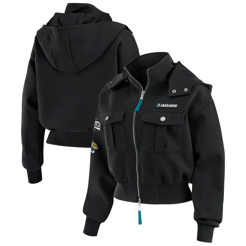 WEAR by Erin Andrews Women's Tri-Blend Patch Pocket Cropped Full-Zip Bomber Hoodie Jacket - Jacksonville Jaguars