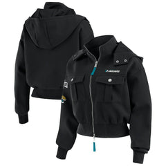 WEAR by Erin Andrews Women's Tri-Blend Patch Pocket Cropped Full-Zip Bomber Hoodie Jacket - Jacksonville Jaguars