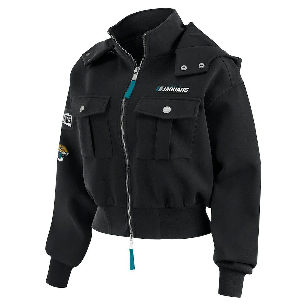 WEAR by Erin Andrews Women's Tri-Blend Patch Pocket Cropped Full-Zip Bomber Hoodie Jacket - Jacksonville Jaguars
