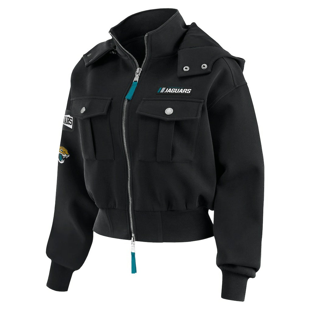 WEAR by Erin Andrews Women's Tri-Blend Patch Pocket Cropped Full-Zip Bomber Hoodie Jacket - Jacksonville Jaguars