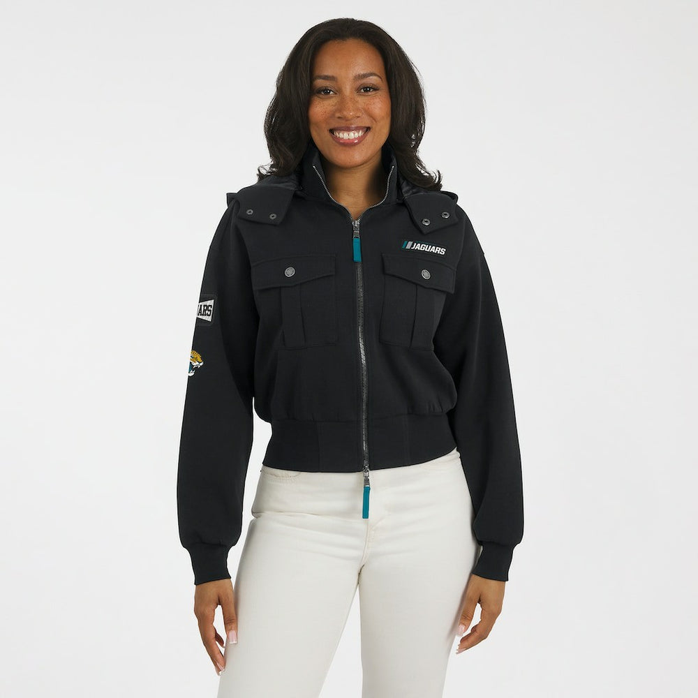 WEAR by Erin Andrews Women's Tri-Blend Patch Pocket Cropped Full-Zip Bomber Hoodie Jacket - Jacksonville Jaguars