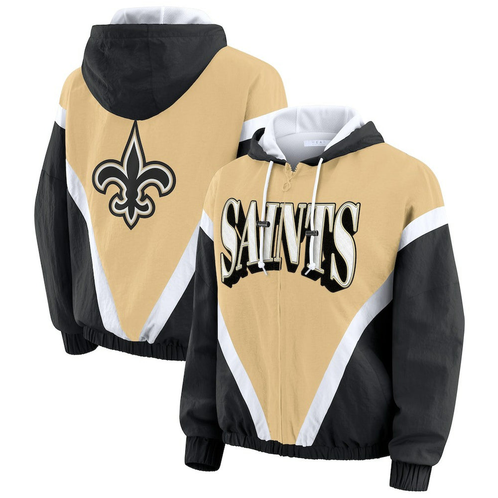 WEAR by Erin Andrews Women's Retro Crinkle Full-Zip Hoodie Windbreaker - New Orleans Saints