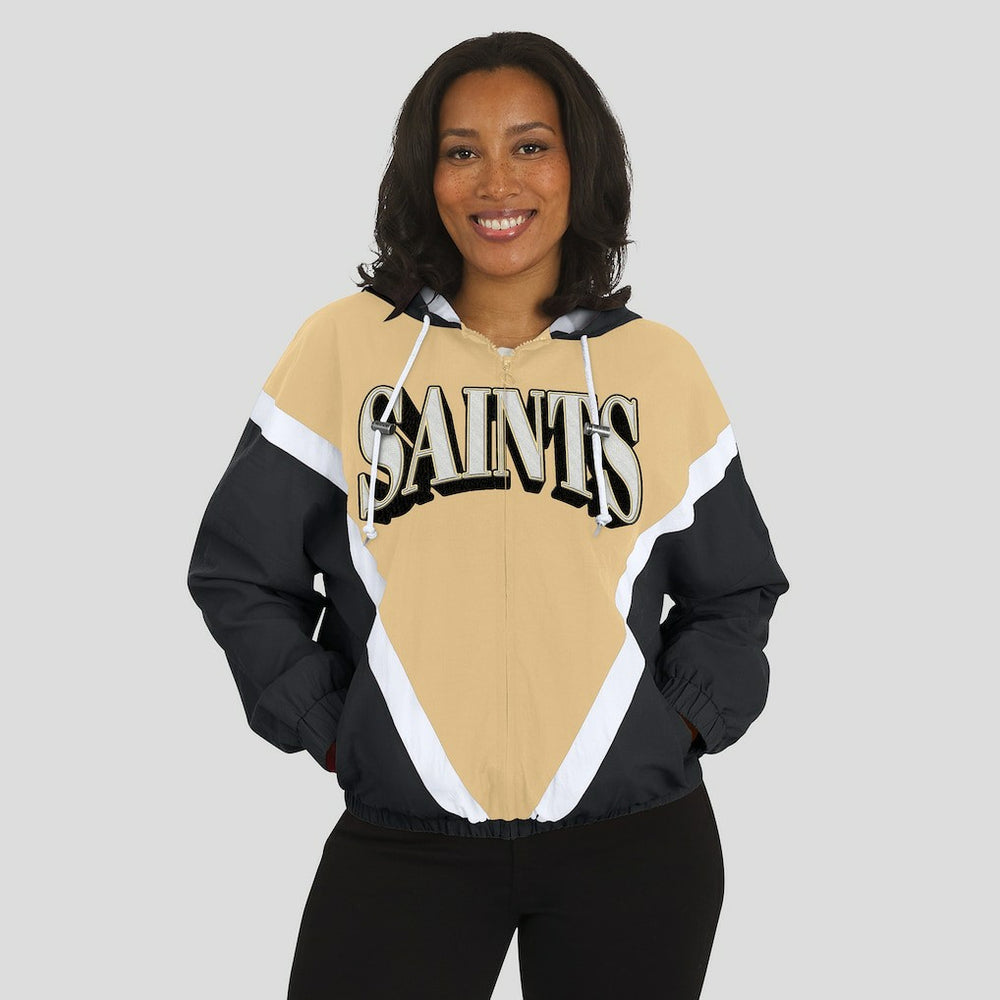 WEAR by Erin Andrews Women's Retro Crinkle Full-Zip Hoodie Windbreaker - New Orleans Saints