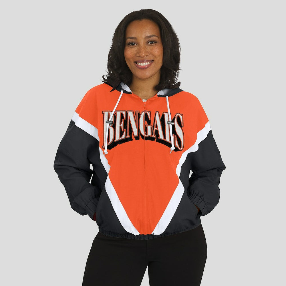 WEAR by Erin Andrews Women's Retro Crinkle Full-Zip Hoodie Windbreaker - Cincinnati Bengals