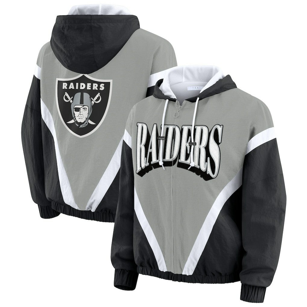 WEAR by Erin Andrews Women's Retro Crinkle Full-Zip Hoodie Windbreaker - Las Vegas Raiders