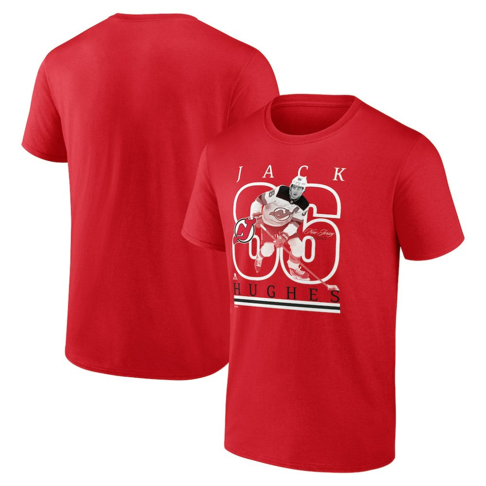 NHL Red Jack Hughes New Jersey Devils Fanatics Authentic Stack Name & Number T-Shirt
