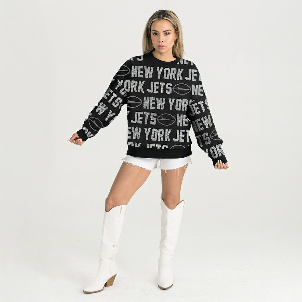 Gameday Couture Women's Oversized Hype Era Rhinestone Text Sweatshirt - New York Jets