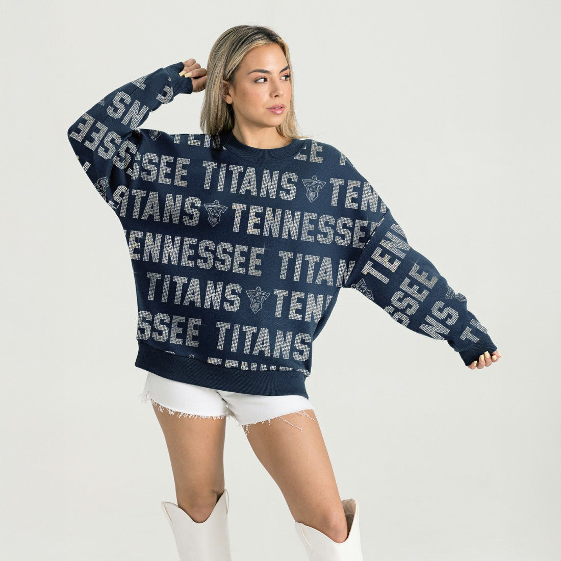 Gameday Couture Women's Oversized Hype Era Rhinestone Text Sweatshirt - Tennessee Titans