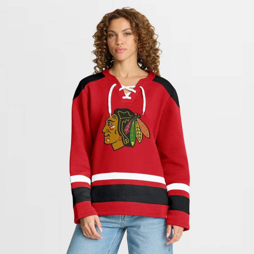 NHL Athletic Red Chicago Blackhawks Fanatics Women's Icing Long Sleeve Lace Up Sweatshirt