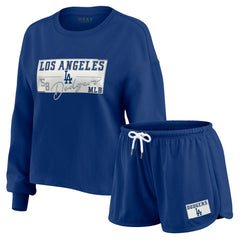 MLB Los Angeles Dodgers WEAR by Erin Andrews Women's Heavy Rugby Jersey Cropped Long Sleeve T-Shirt & Shorts Lounge Set