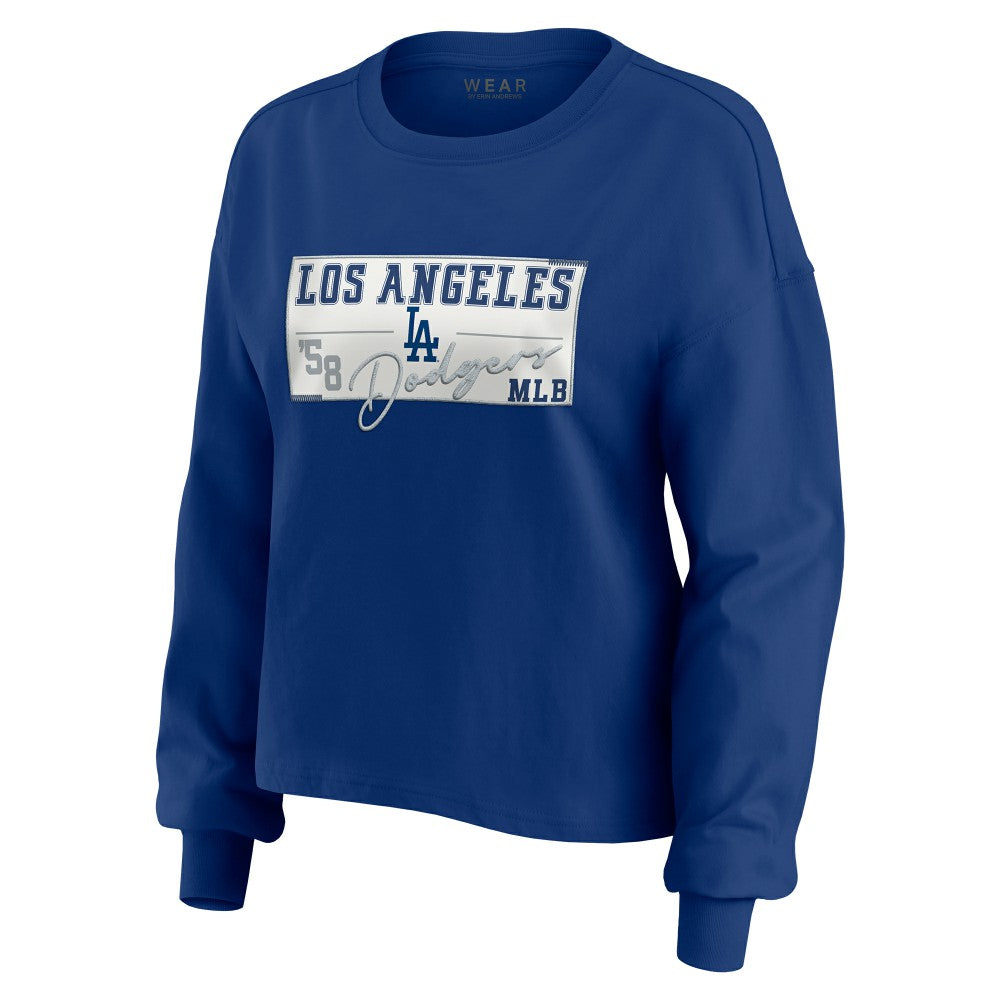 MLB Los Angeles Dodgers WEAR by Erin Andrews Women's Heavy Rugby Jersey Cropped Long Sleeve T-Shirt & Shorts Lounge Set