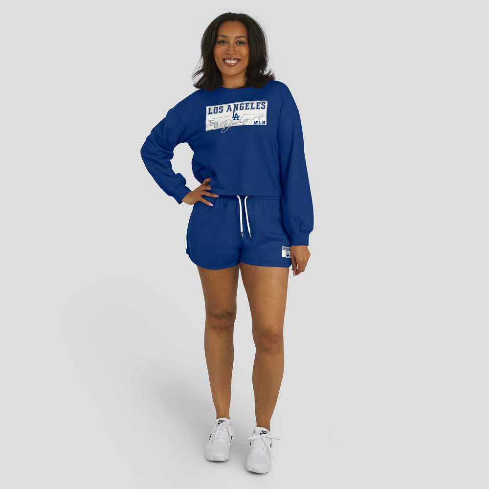 MLB Los Angeles Dodgers WEAR by Erin Andrews Women's Heavy Rugby Jersey Cropped Long Sleeve T-Shirt & Shorts Lounge Set