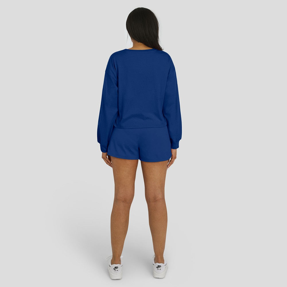 MLB Los Angeles Dodgers WEAR by Erin Andrews Women's Heavy Rugby Jersey Cropped Long Sleeve T-Shirt & Shorts Lounge Set