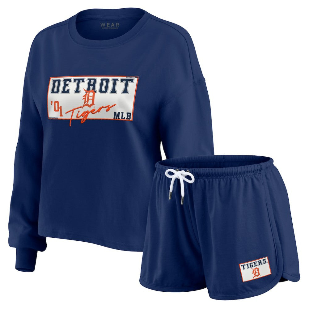 MLB Detroit Tigers WEAR by Erin Andrews Women's Heavy Rugby Jersey Cropped Long Sleeve T-Shirt & Shorts Lounge Set