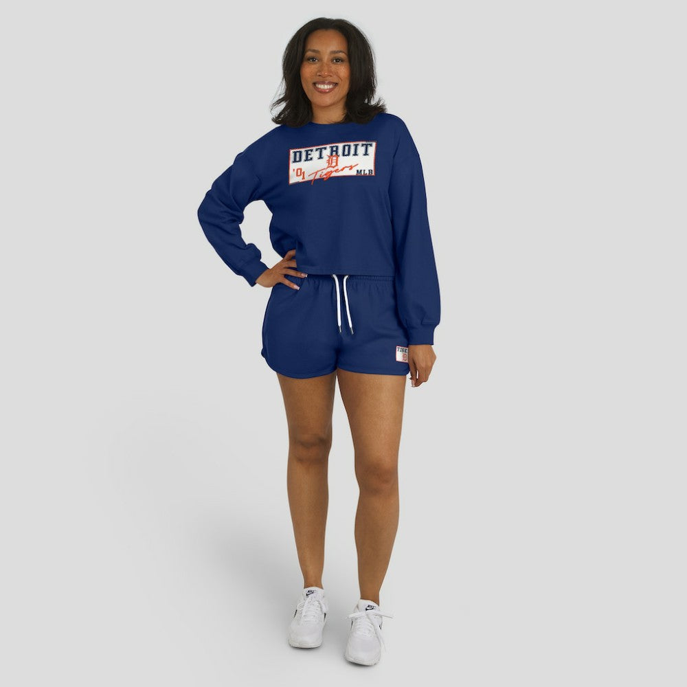 MLB Detroit Tigers WEAR by Erin Andrews Women's Heavy Rugby Jersey Cropped Long Sleeve T-Shirt & Shorts Lounge Set