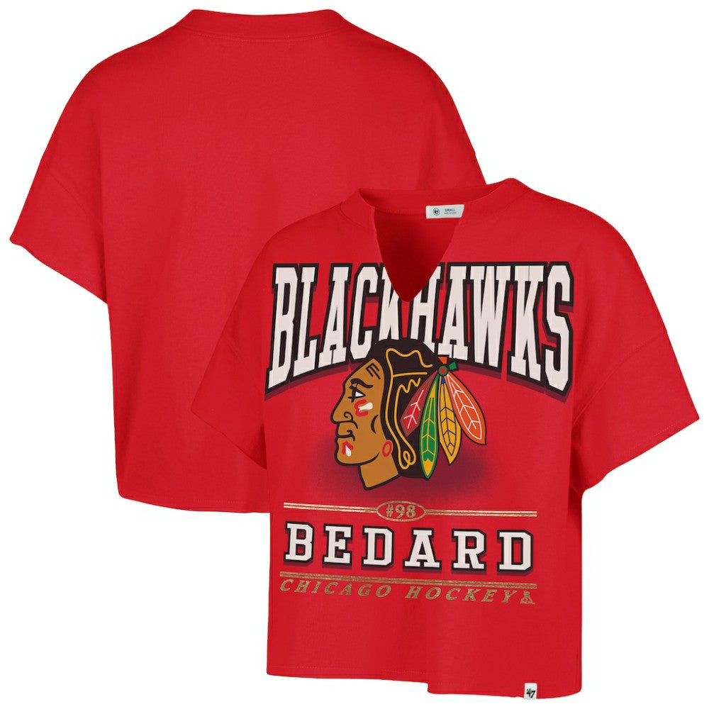 NHL Red Connor Bedard Chicago Blackhawks '47 Women's Elation Name & Number Oversized Notch Neck T-Shirt