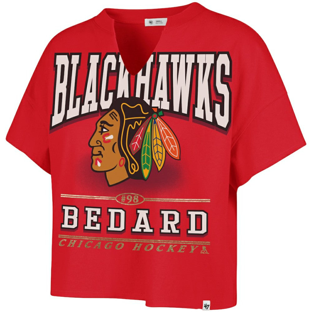 NHL Red Connor Bedard Chicago Blackhawks '47 Women's Elation Name & Number Oversized Notch Neck T-Shirt