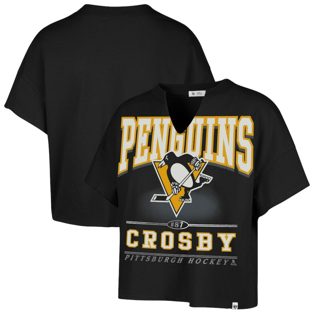 NHL Black Sidney Crosby Pittsburgh Penguins '47 Women's Elation Name & Number Oversized Notch Neck T-Shirt