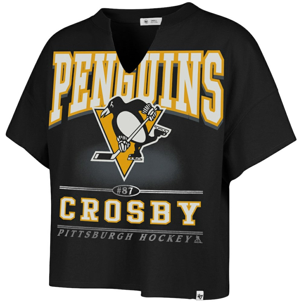 NHL Black Sidney Crosby Pittsburgh Penguins '47 Women's Elation Name & Number Oversized Notch Neck T-Shirt