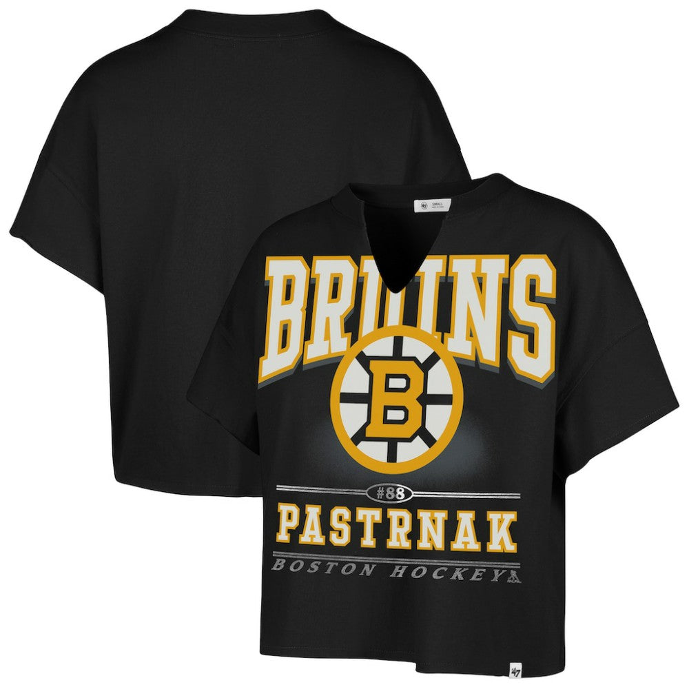 NHL Black David Pastrnak Boston Bruins '47 Women's Elation Name & Number Oversized Notch Neck T-Shirt