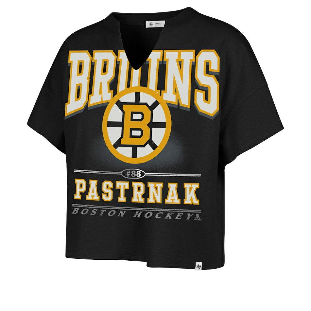 NHL Black David Pastrnak Boston Bruins '47 Women's Elation Name & Number Oversized Notch Neck T-Shirt