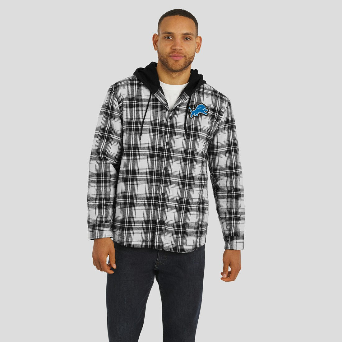 NFL x Darius Rucker Collection Plaid Flannel Quilted Full-Snap Hooded Shacket - Detroit Lions