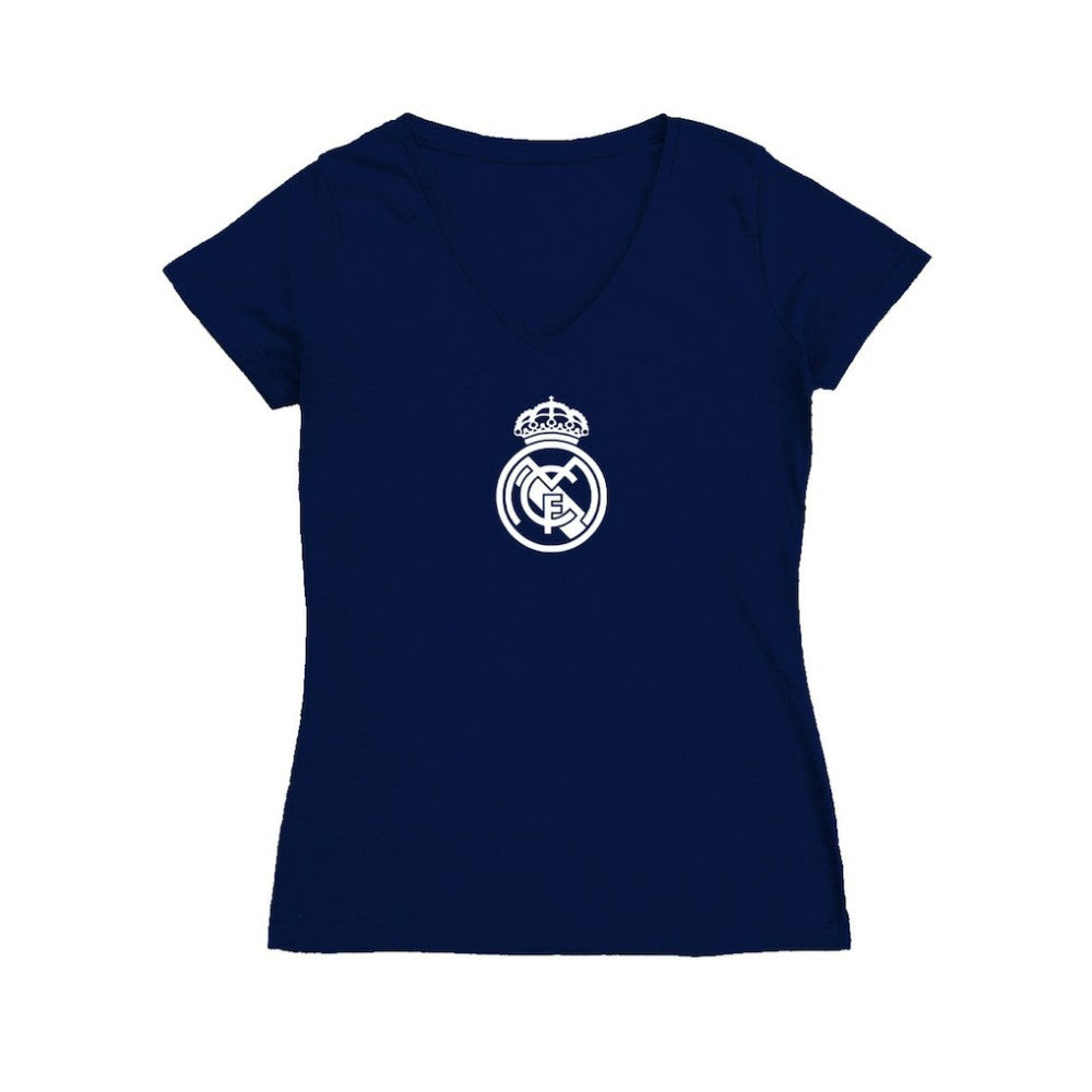 Real Madrid Vive La Fete Women's Color Badge V-Neck Fitted T-Shirt -  Navy