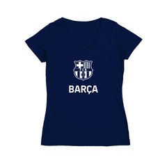 Barcelona Vive La Fete Women's Color Badge V-Neck Fitted T-Shirt -  Navy