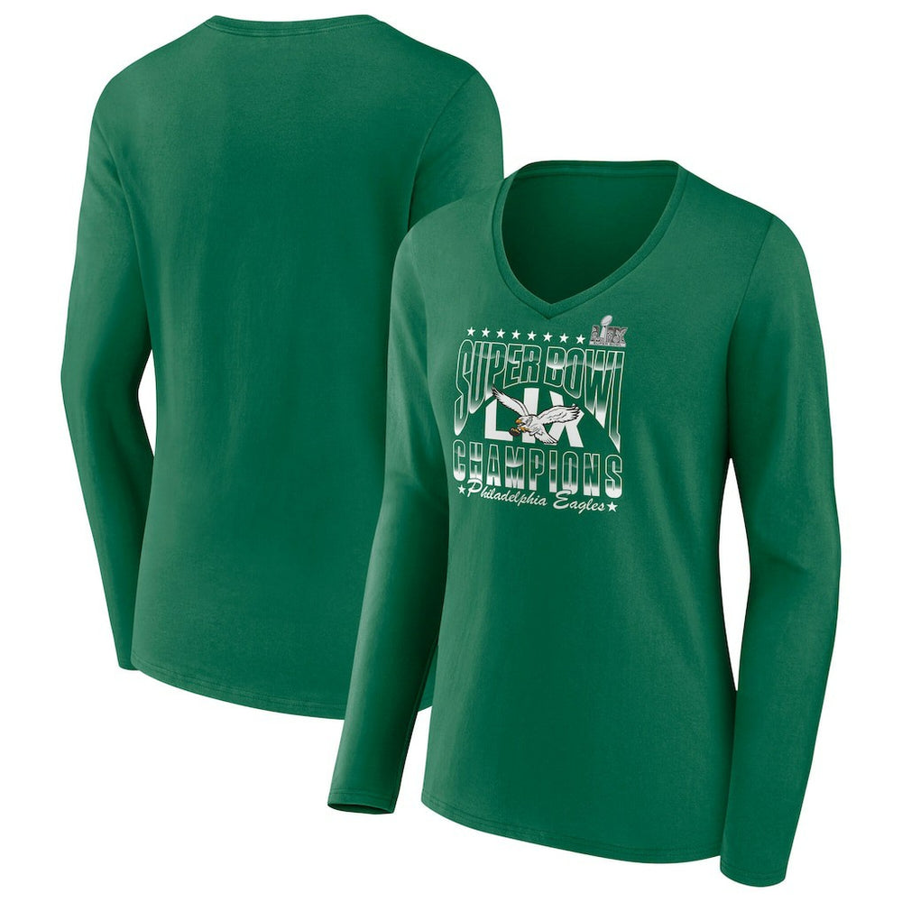 Women's Super Bowl LIX Champions Retro Logo Long Sleeve V-Neck T-Shirt - Philadelphia Eagles