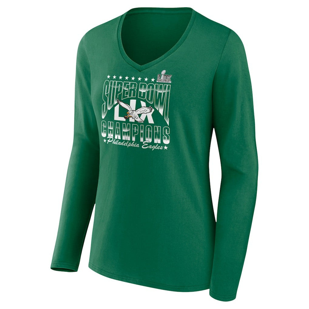 Women's Super Bowl LIX Champions Retro Logo Long Sleeve V-Neck T-Shirt - Philadelphia Eagles