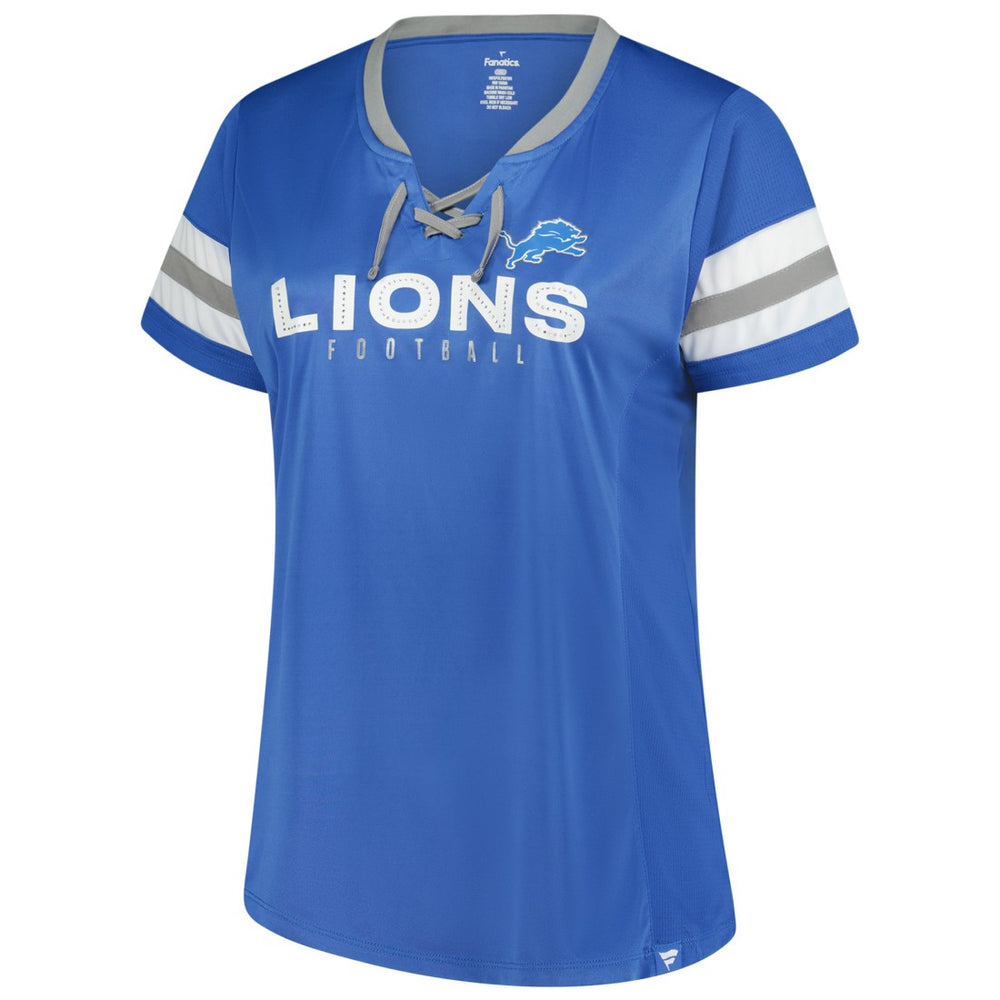Women's Plus Size Rhinestone Redzone Athena Lace-Up Notch Neck T-Shirt - Detroit Lions