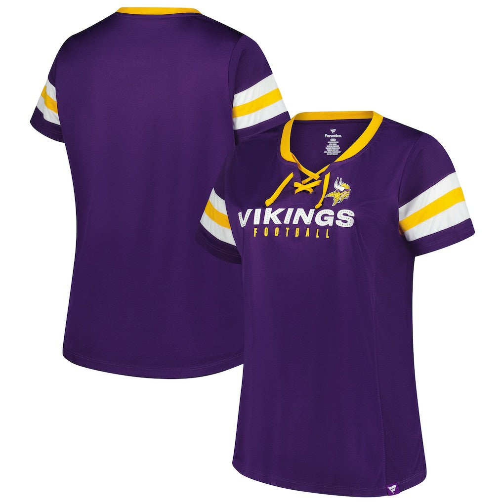 Women's Plus Size Rhinestone Redzone Athena Lace-Up Notch Neck T-Shirt - Minnesota Vikings