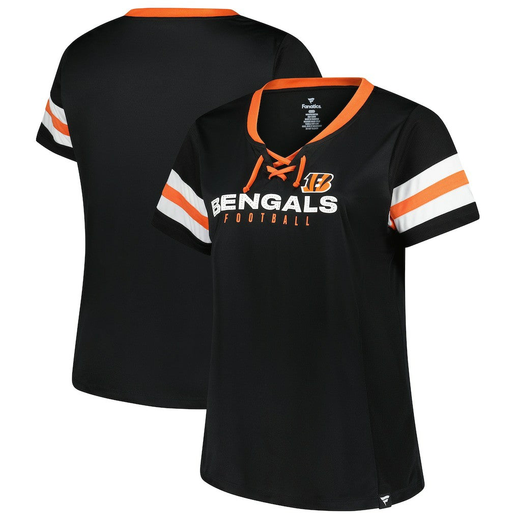 Women's Plus Size Red Zone Athena Lace-Up V-Notch Neck T-Shirt - Cincinnati Bengals