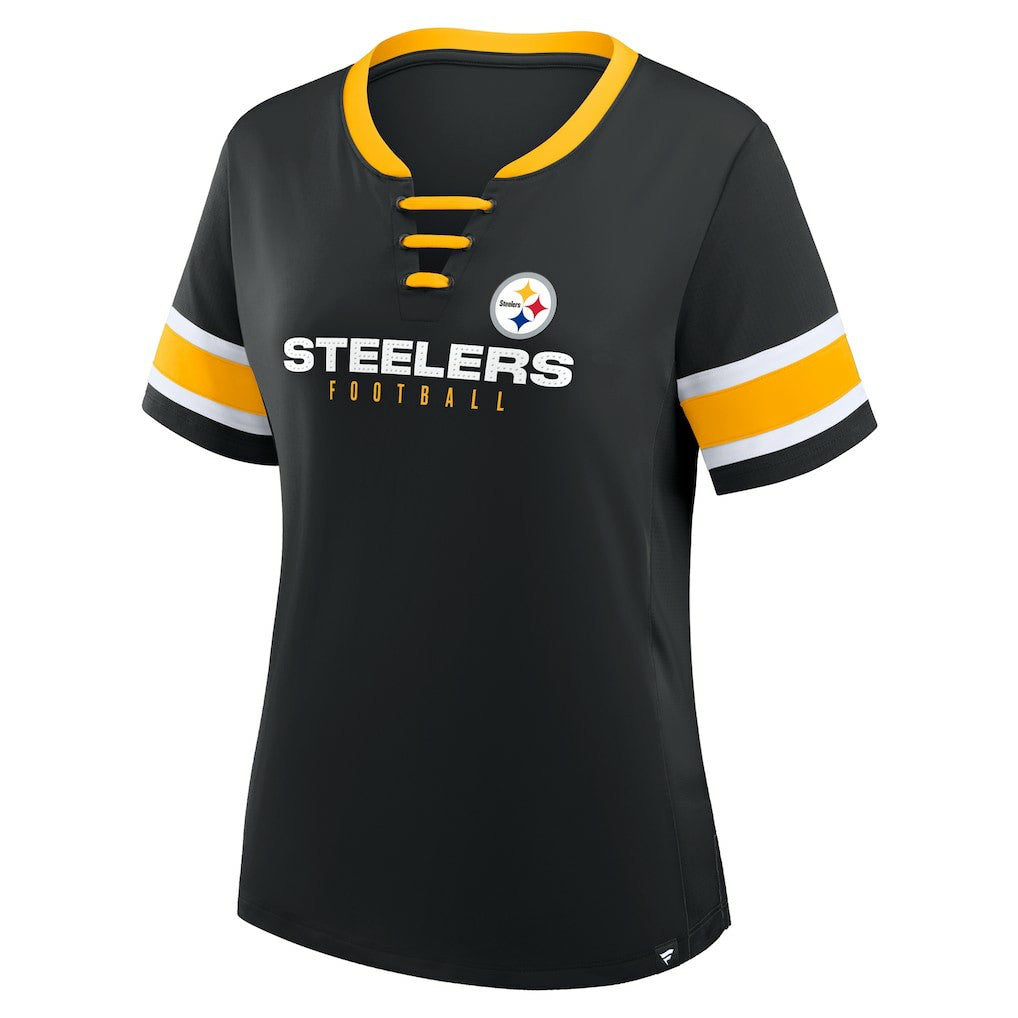 Women's Plus Size Red Zone Athena Lace-Up V-Notch Neck T-Shirt - Pittsburgh Steelers
