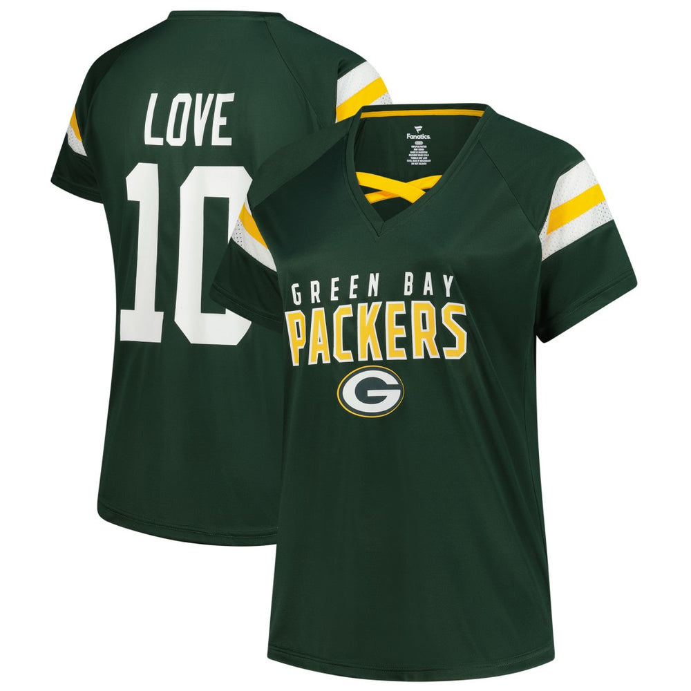 Jordan Love  Women's Plus Size Name & Number Raglan Lace V-Neck T-Shirt - Green Bay Packers