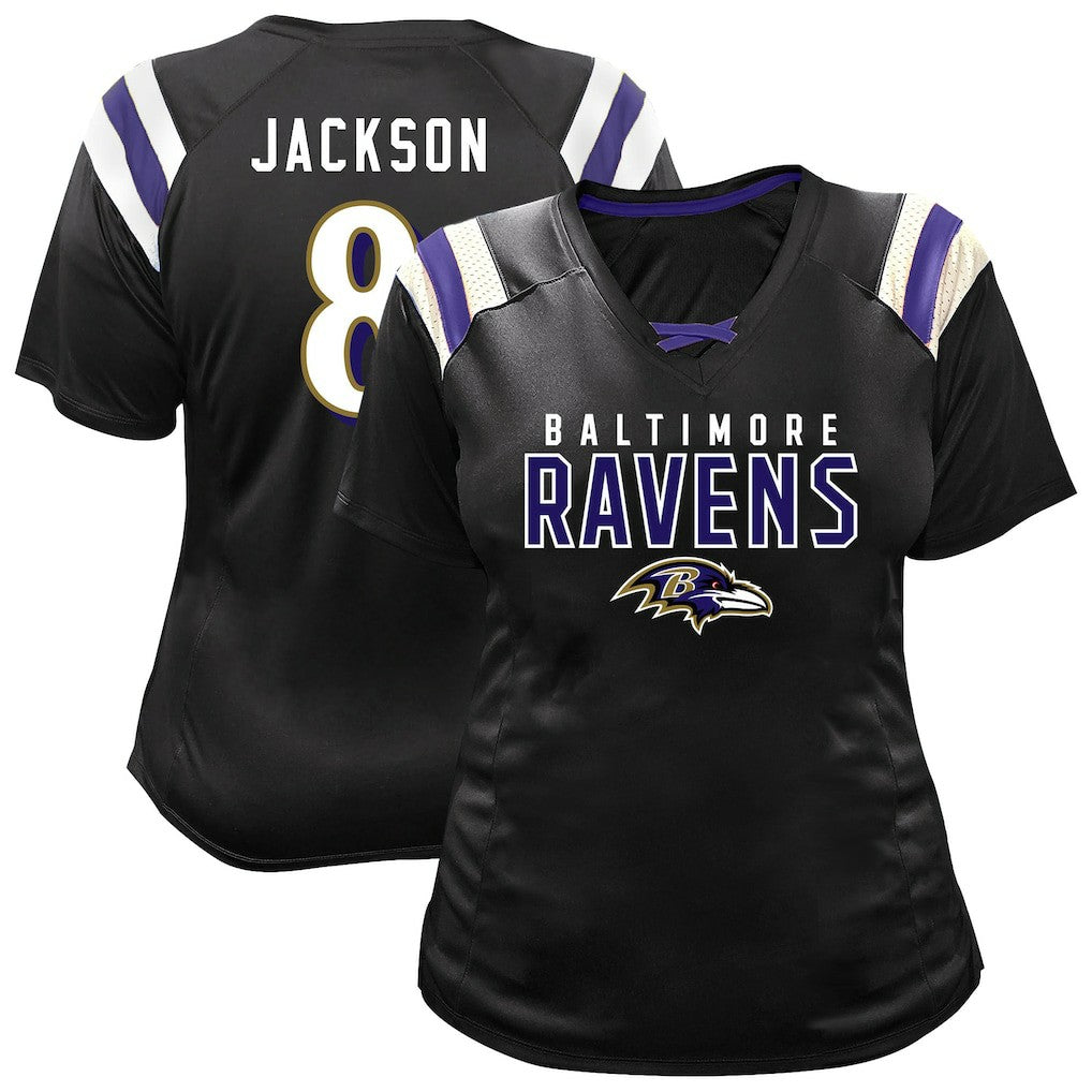 Lamar Jackson  Women's Plus Size Name & Number Raglan Lace V-Neck T-Shirt - Baltimore Ravens