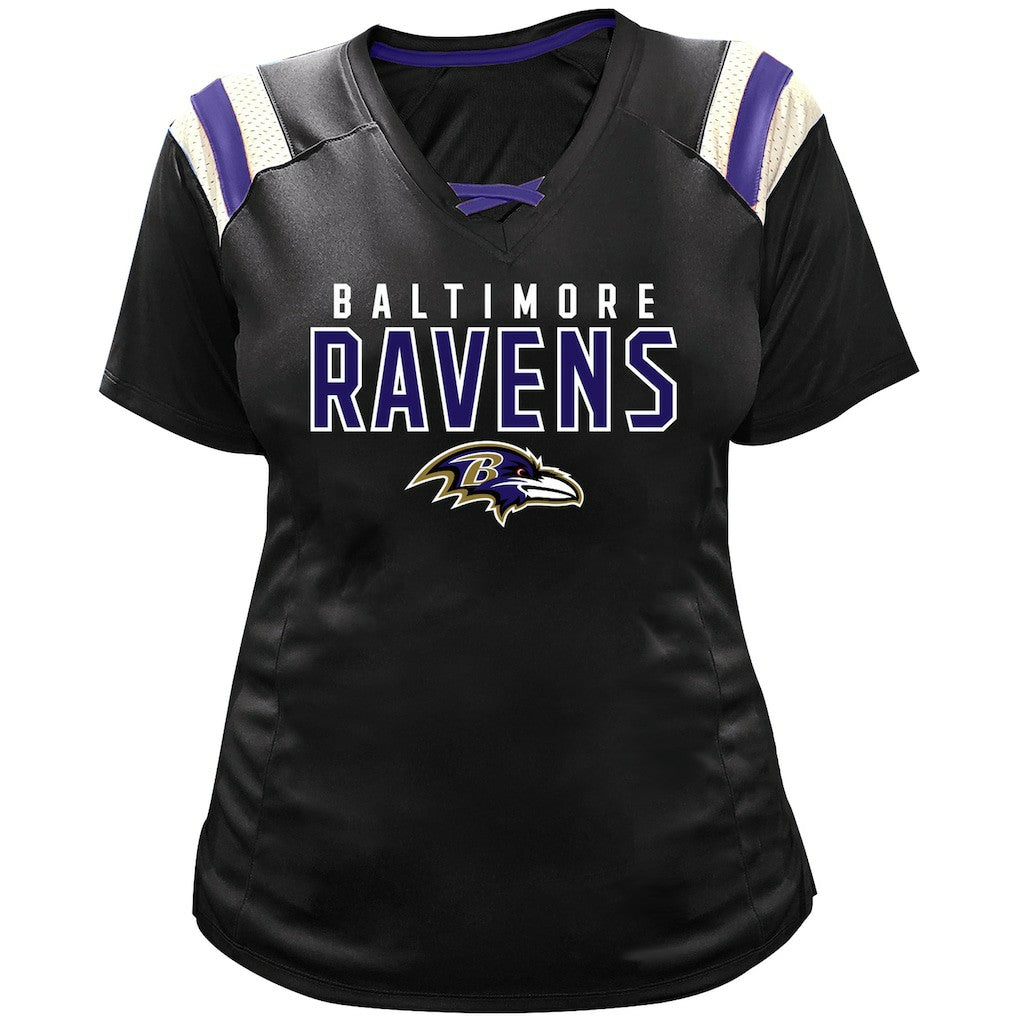 Lamar Jackson  Women's Plus Size Name & Number Raglan Lace V-Neck T-Shirt - Baltimore Ravens