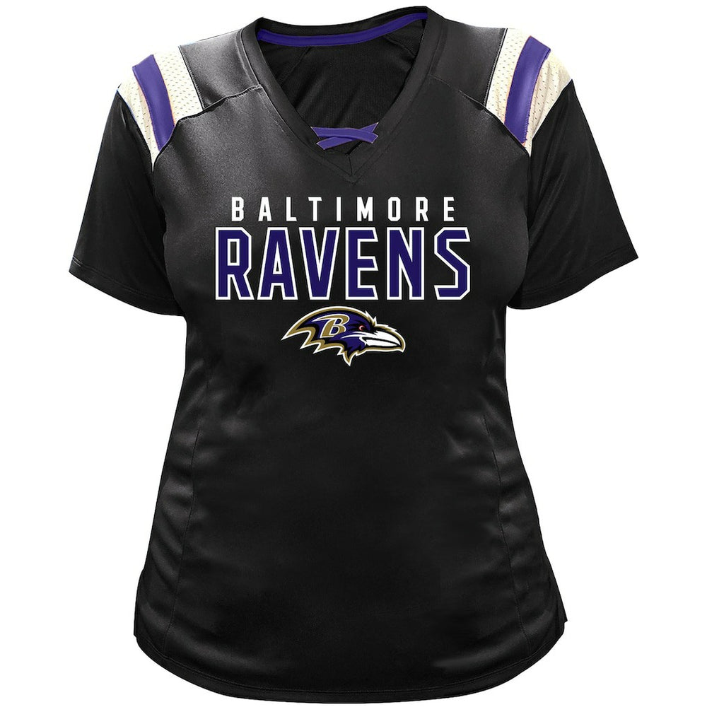 Lamar Jackson  Women's Plus Size Name & Number Raglan Lace V-Neck T-Shirt - Baltimore Ravens