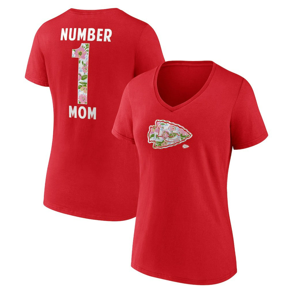 Women's Number 1 Mom Floral V-Neck T-Shirt - Kansas City Chiefs
