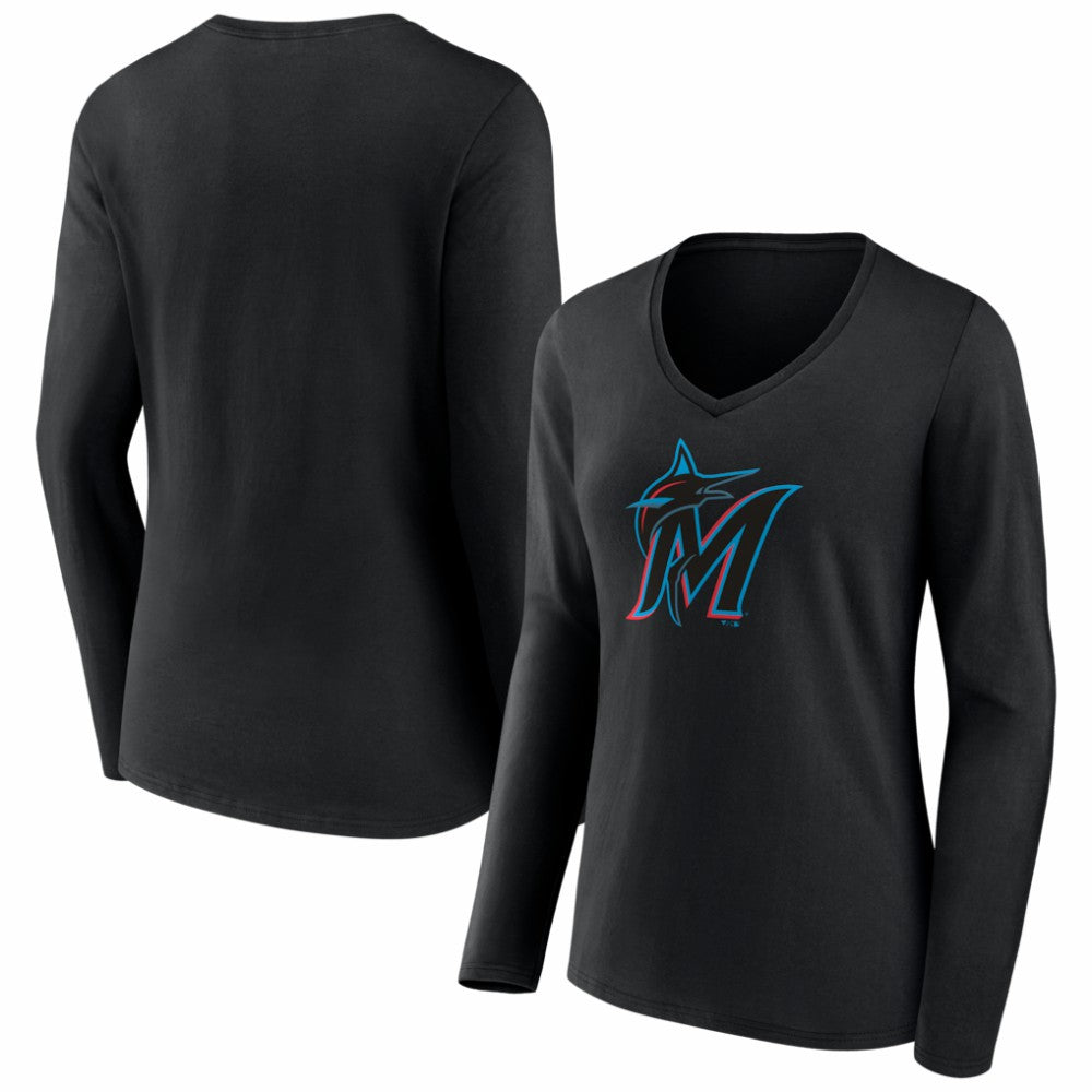 MLB Miami Marlins Women's Logo Long Sleeve V-Neck T-Shirt