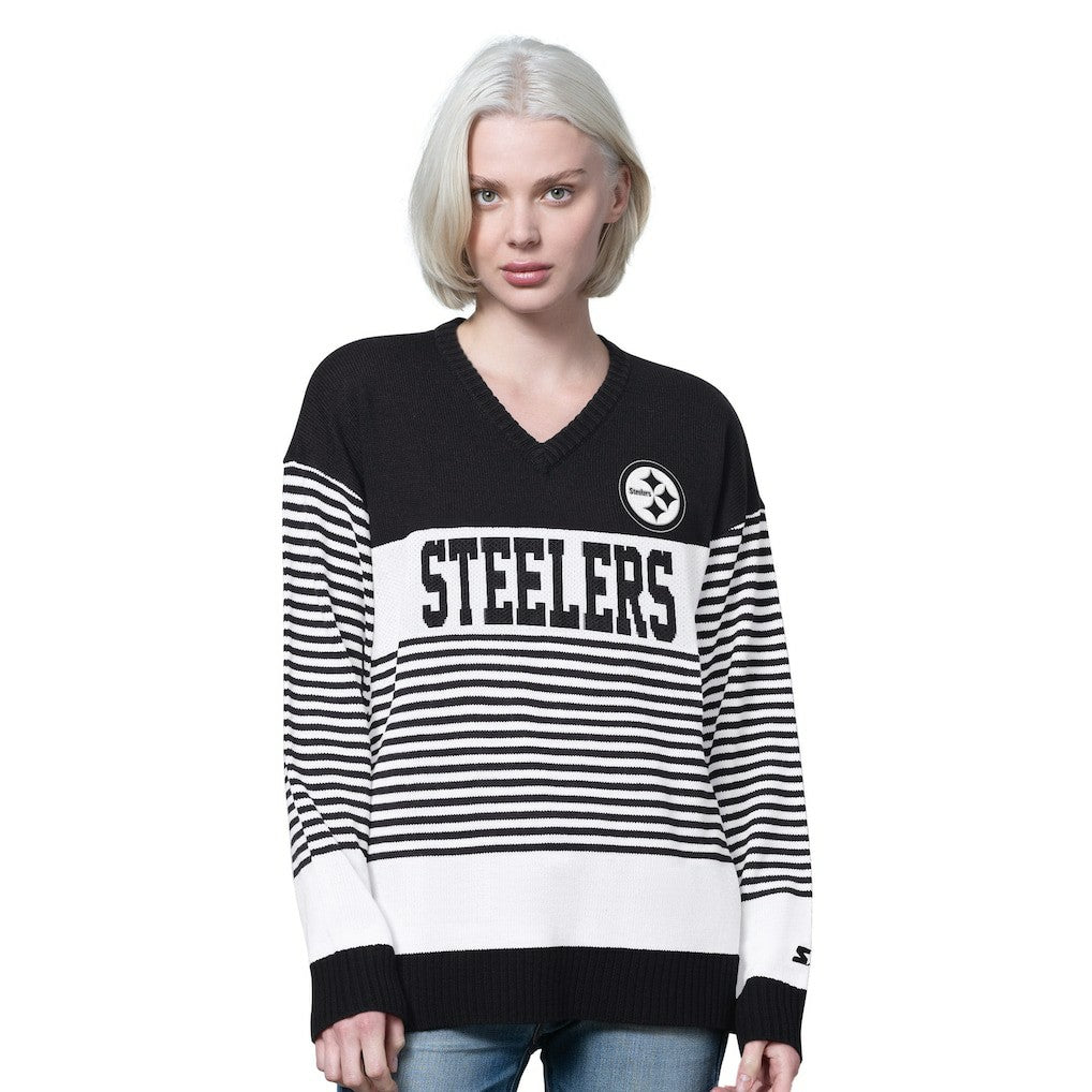 Starter Women's No Huddle Striped V-Neck Sweater - Pittsburgh Steelers