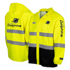 Hi-Vis Safety Waterproof Rainshell Full-Zip Hooded Jacket - Miami Dolphins