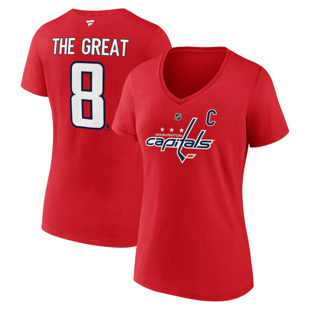 NHL Red Alexander Ovechkin Washington Capitals Fanatics Women's NHL All-Time Leading Goal Scorer The Great 8 Name & Number V-Neck T-Shirt