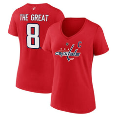 NHL Red Alexander Ovechkin Washington Capitals Fanatics Women's NHL All-Time Leading Goal Scorer The Great 8 Name & Number V-Neck T-Shirt