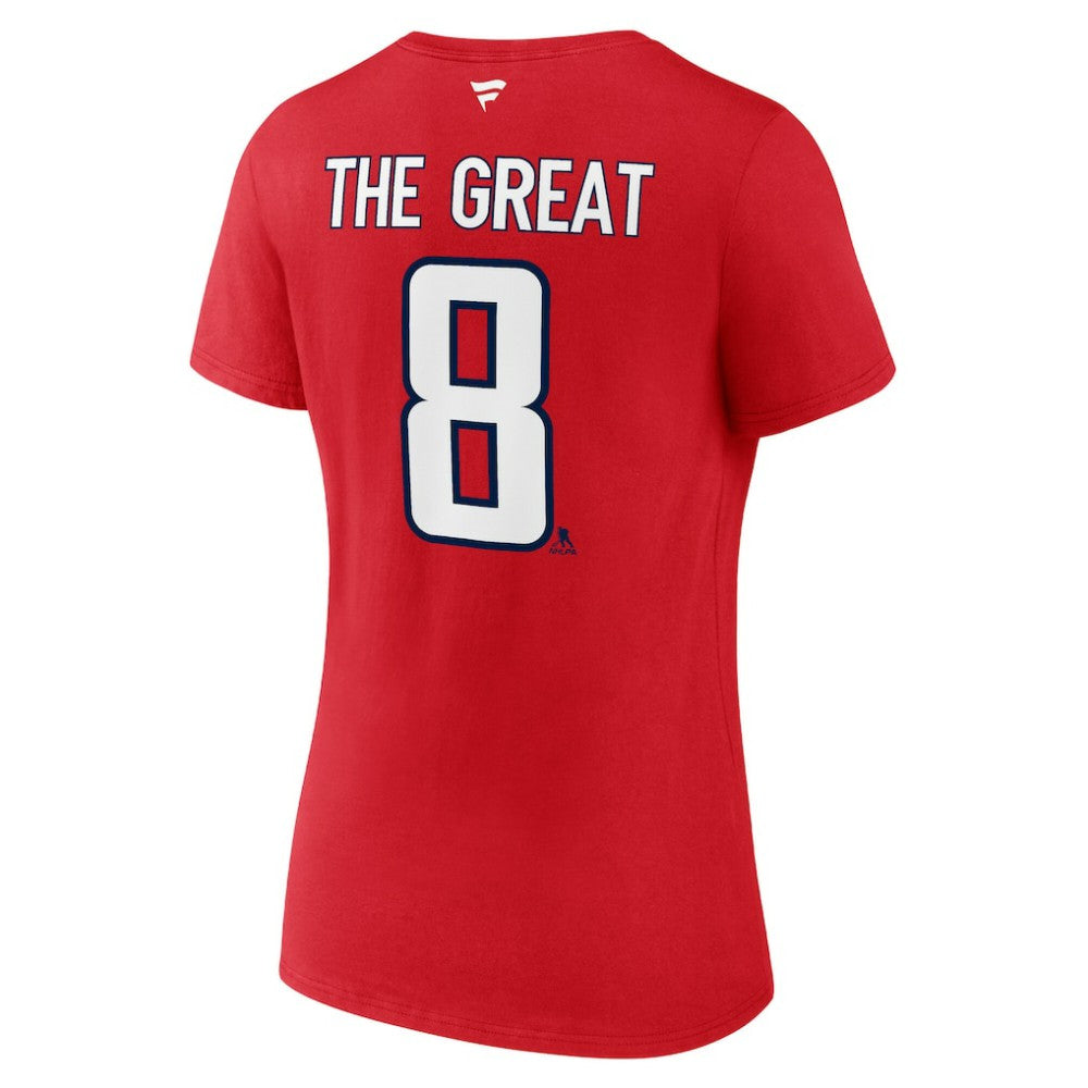 NHL Red Alexander Ovechkin Washington Capitals Fanatics Women's NHL All-Time Leading Goal Scorer The Great 8 Name & Number V-Neck T-Shirt