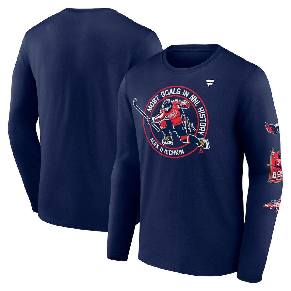NHL Athletic Navy Alexander Ovechkin Washington Capitals Fanatics NHL All-Time Leading Goal Scorer Badges Long Sleeve T-Shirt