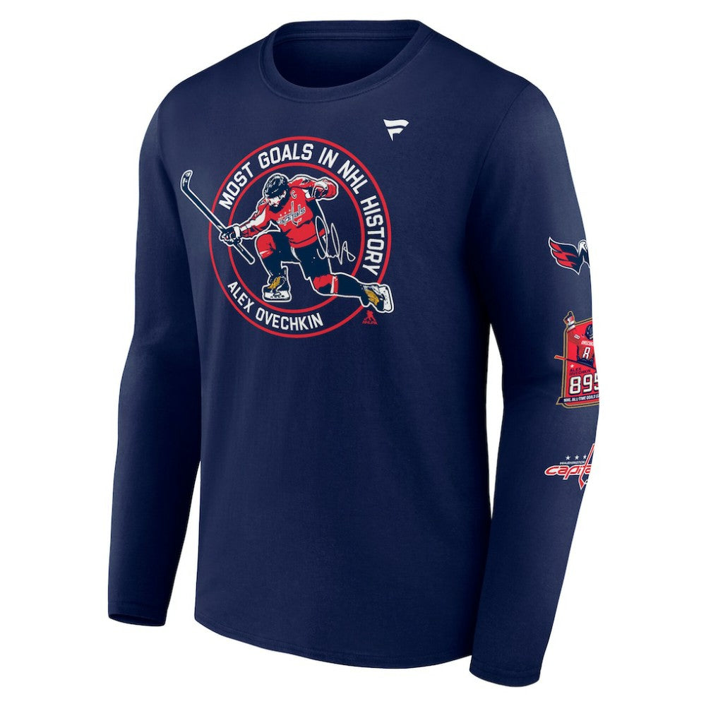 NHL Athletic Navy Alexander Ovechkin Washington Capitals Fanatics NHL All-Time Leading Goal Scorer Badges Long Sleeve T-Shirt