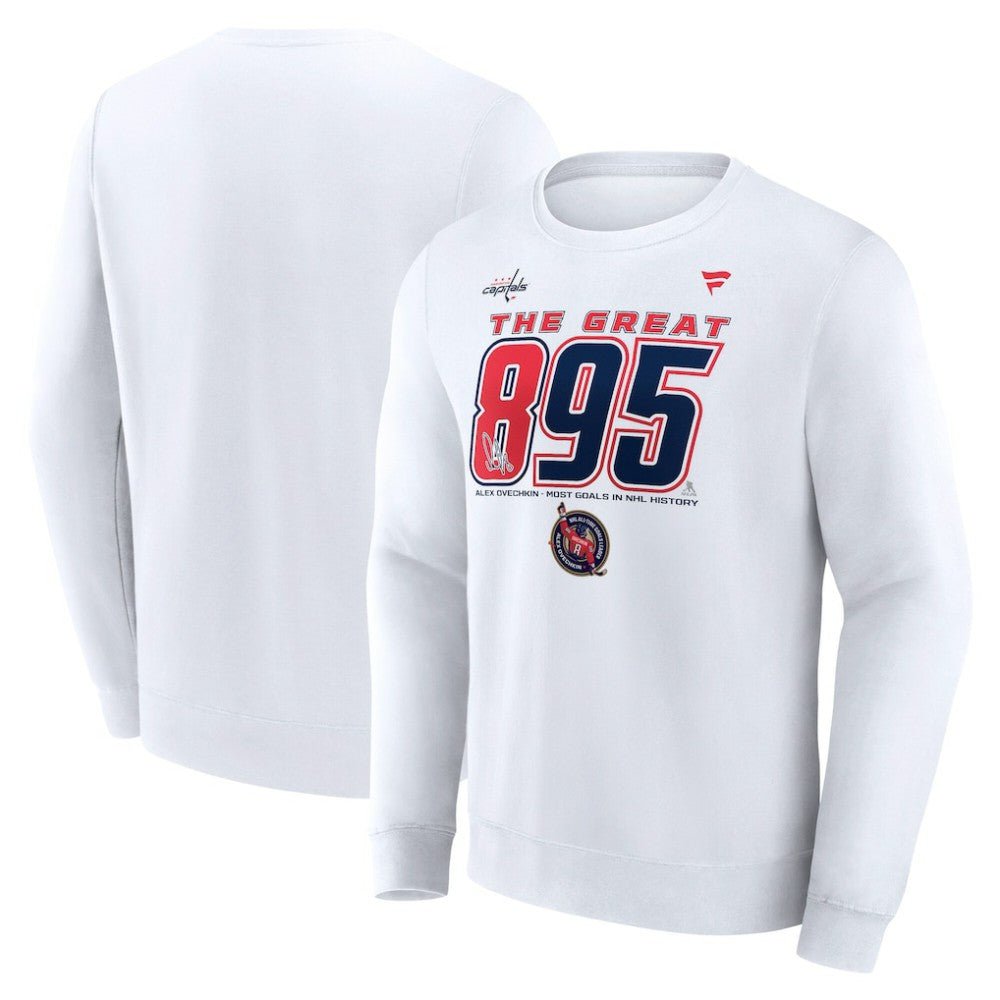NHL White Alexander Ovechkin Washington Capitals Fanatics NHL All-Time Leading Goal Scorer The Great 895 Fleece Pullover Sweatshirt
